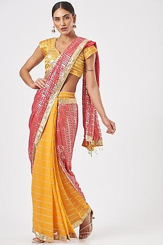 citrus yellow & rose pink embroidered pre-pleated saree set