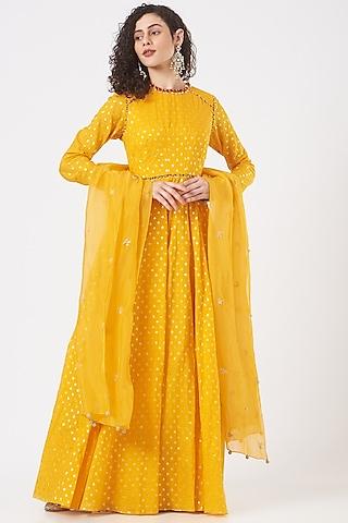 citrus yellow anarkali set with embroidery