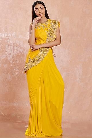 citrus yellow draped gown with jacket