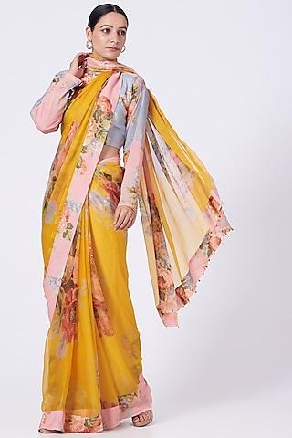 citrus yellow floral printed handcrafted saree set