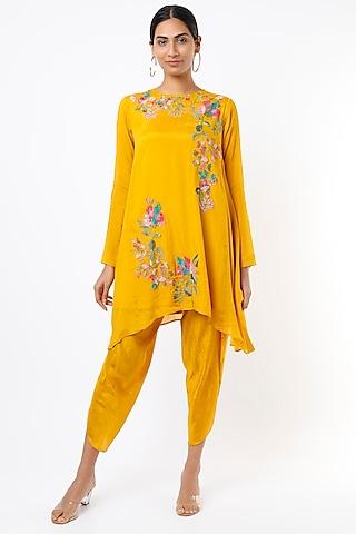 citrus yellow hand embroidered asymmetrical tunic set