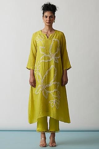 citrus yellow viscose silk embroidered kurta set