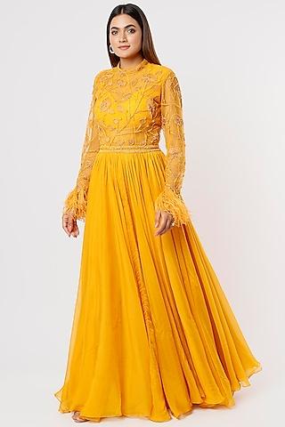 citrus yellow zardosi embroidered anarkali