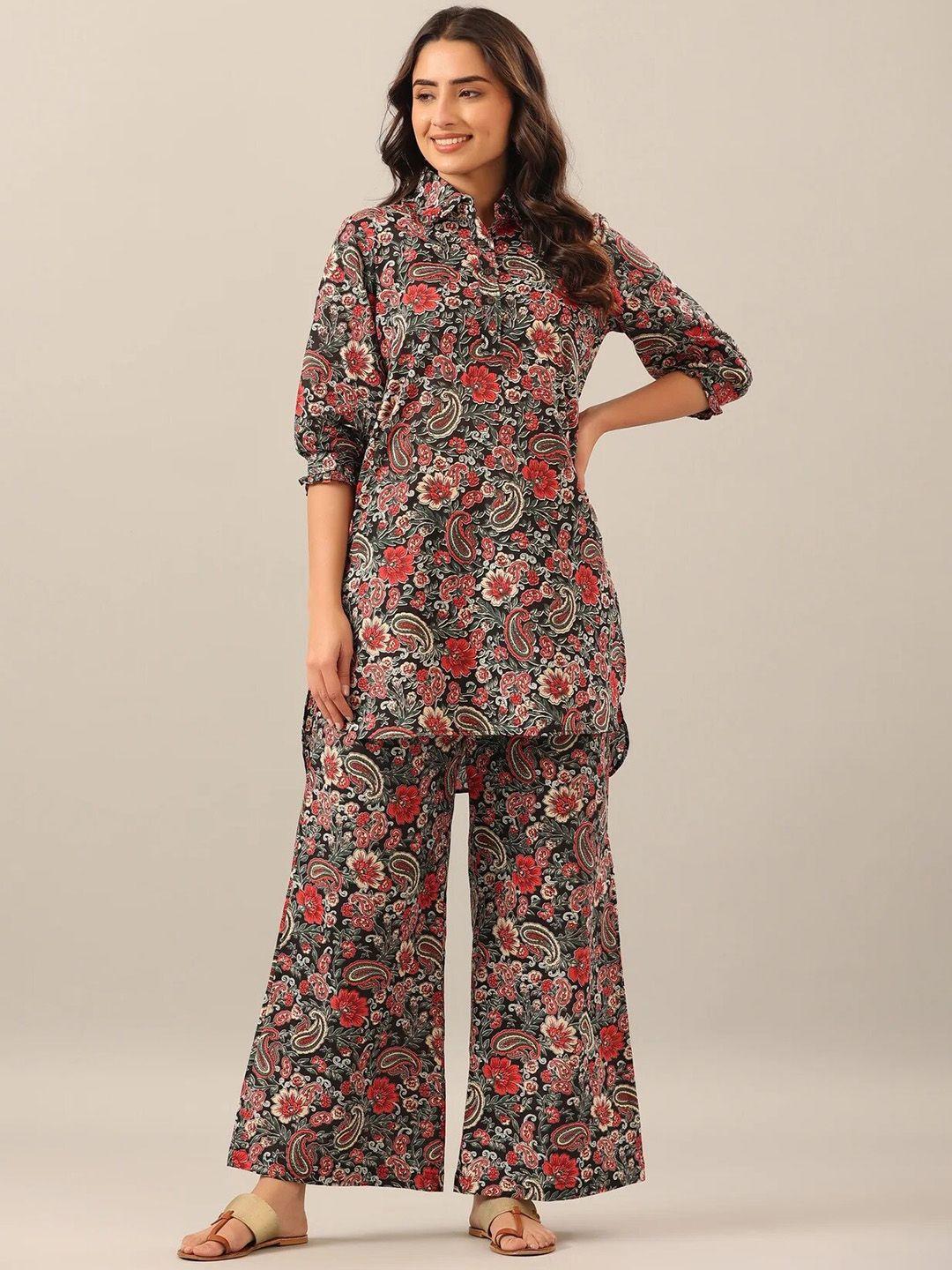 civamee floral printed shirt collar tunic with palazzos
