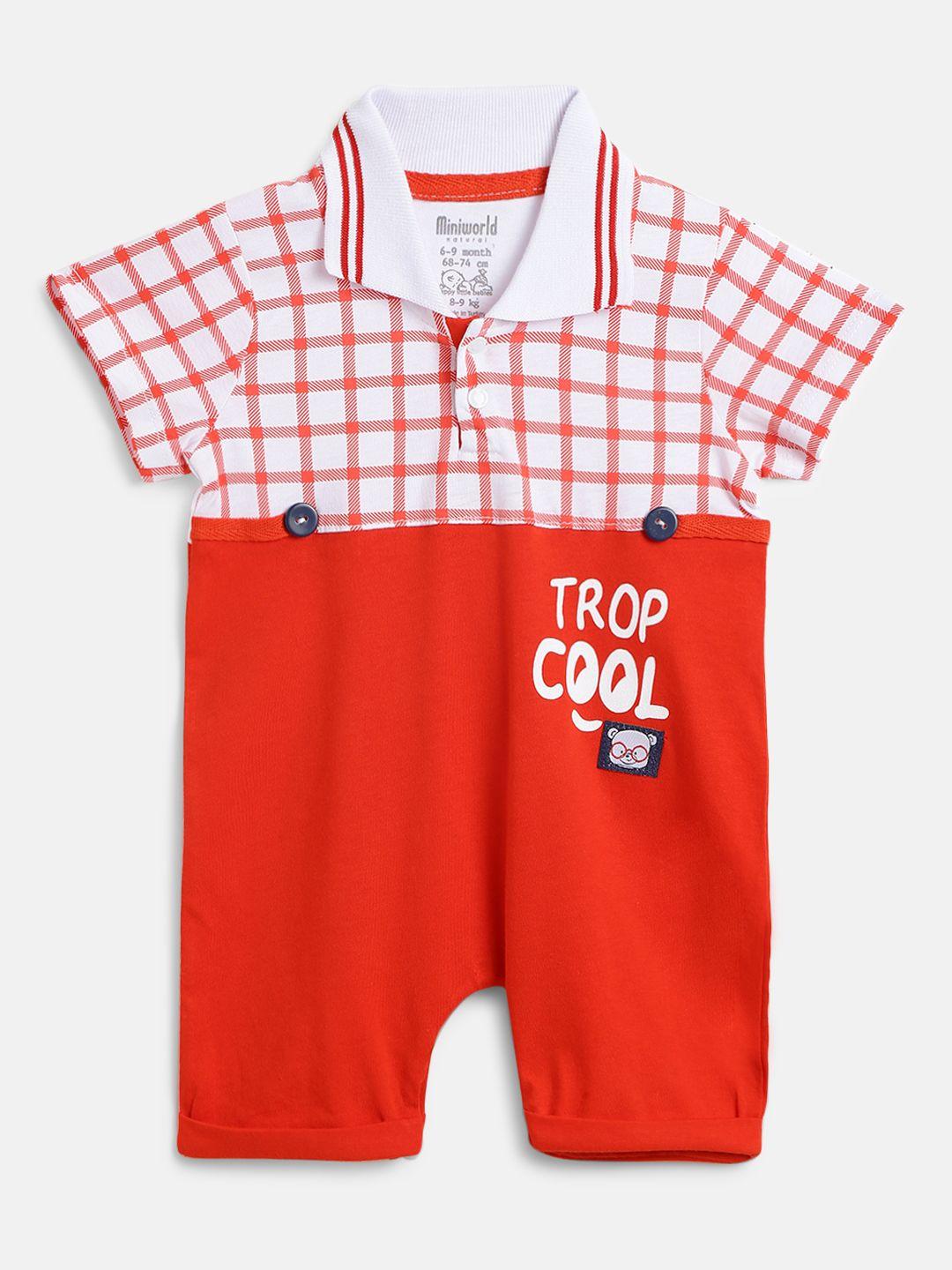civil infant boys red & white checked pure cotton rompers