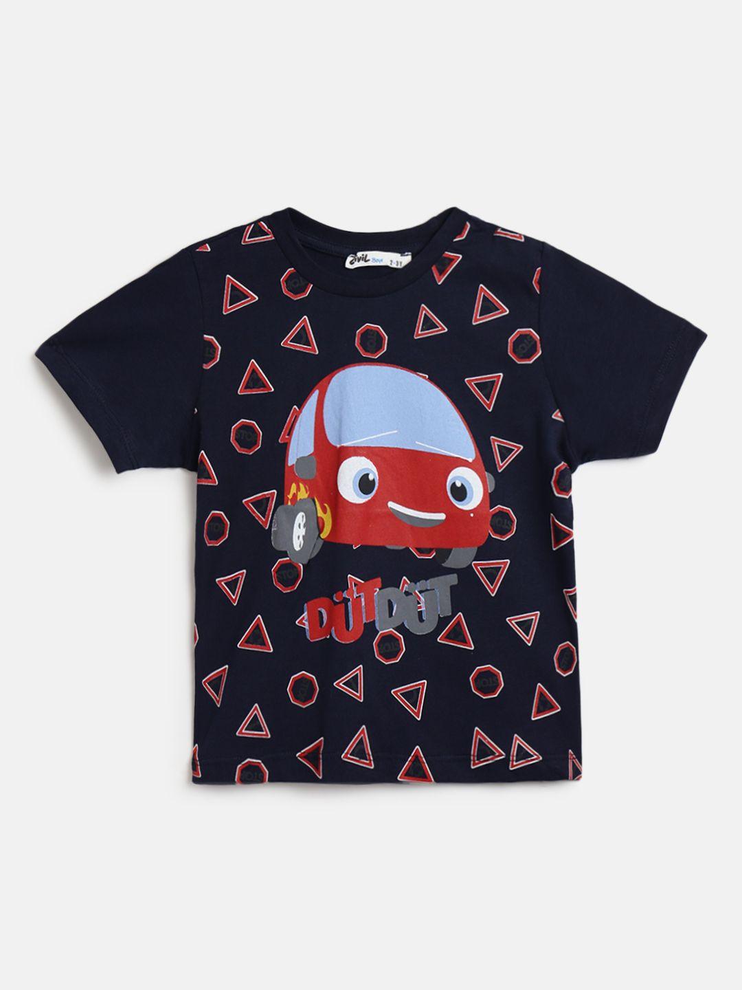 civil boys navy blue & red printed pure cotton t-shirt