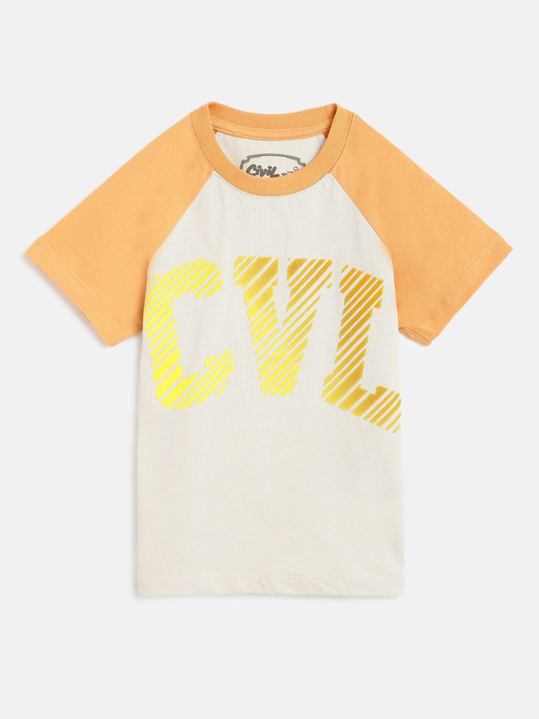 civil boys orange & beige pure cotton brand logo print t-shirt