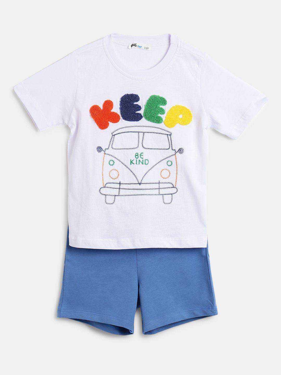 civil boys white & blue typography applique threadwork t-shirt with shorts