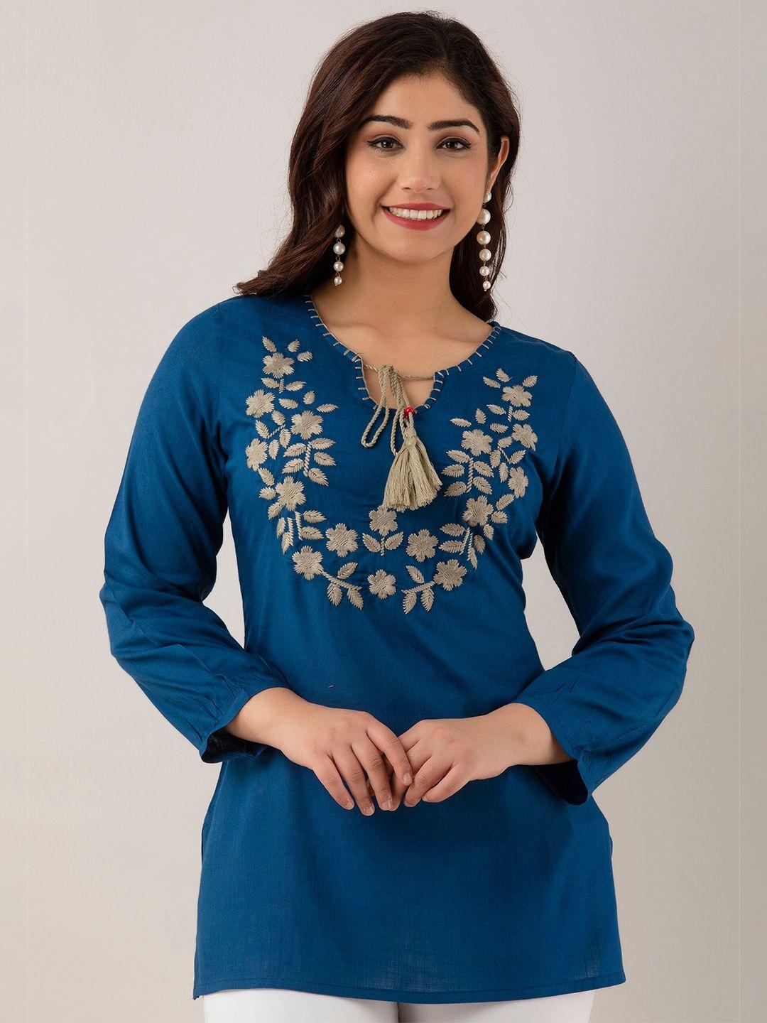 ckm floral embroidered tie-up neck straight kurti
