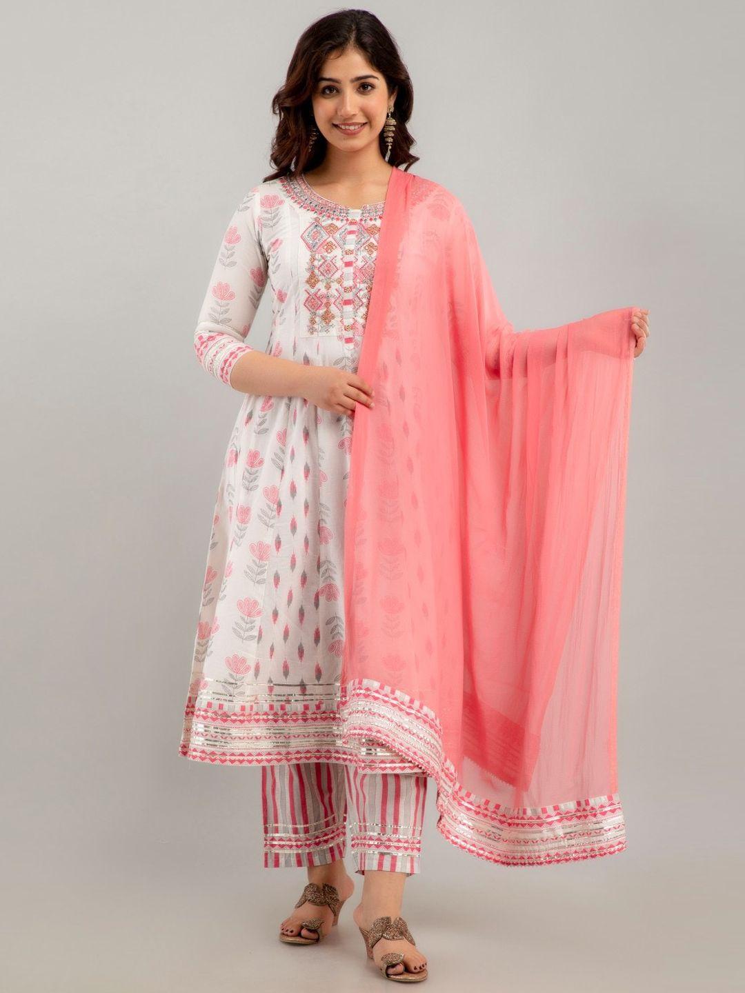 ckm floral printed thread work detailed pure cotton a-line kurta & trousers with dupatta