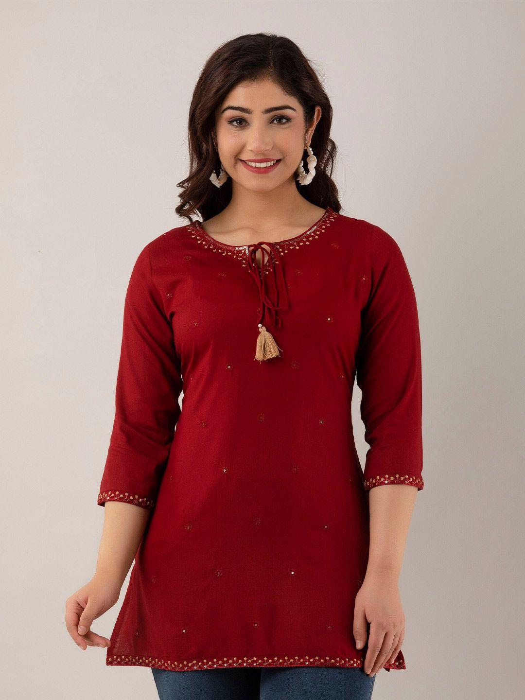 ckm maroon floral embroidered sequinned straight kurti