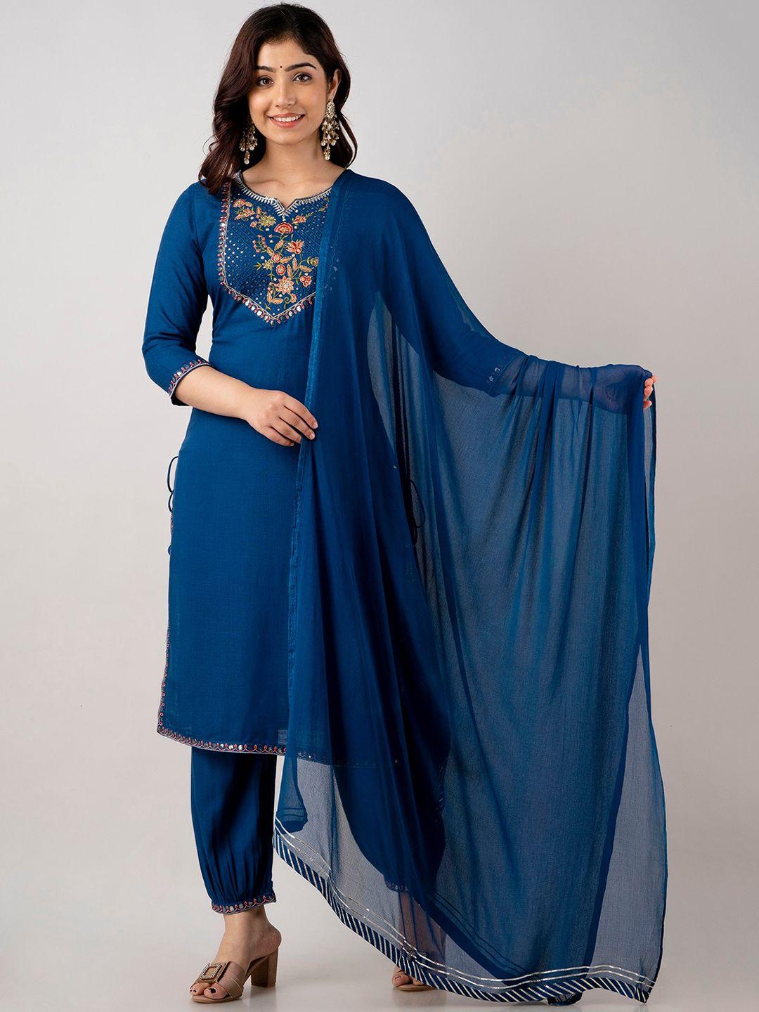 ckm notched neck floral embroidered sequinned kurta with salwar & dupatta