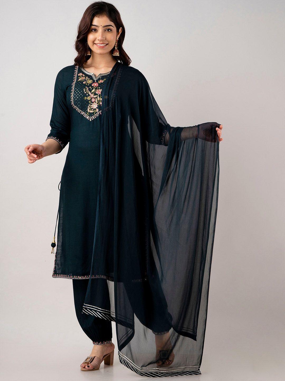ckm notched neck floral embroidered sequinned kurta with salwar & dupatta