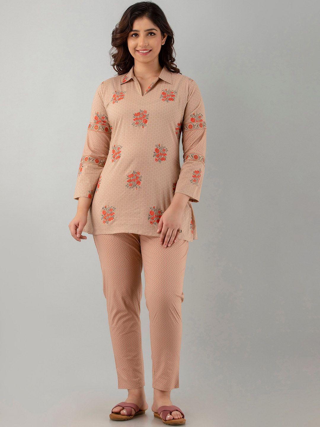 ckm-women-floral-printed-pure-cotton-shirt-collar-night-suit