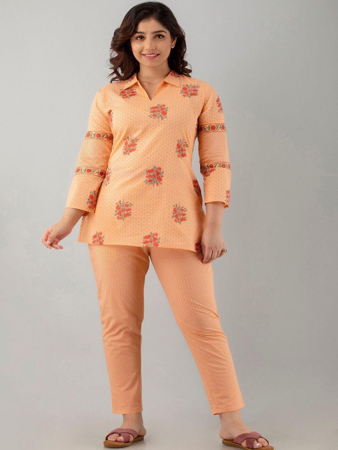 ckm women printed cotton shirt collar top with pyjama & shorts