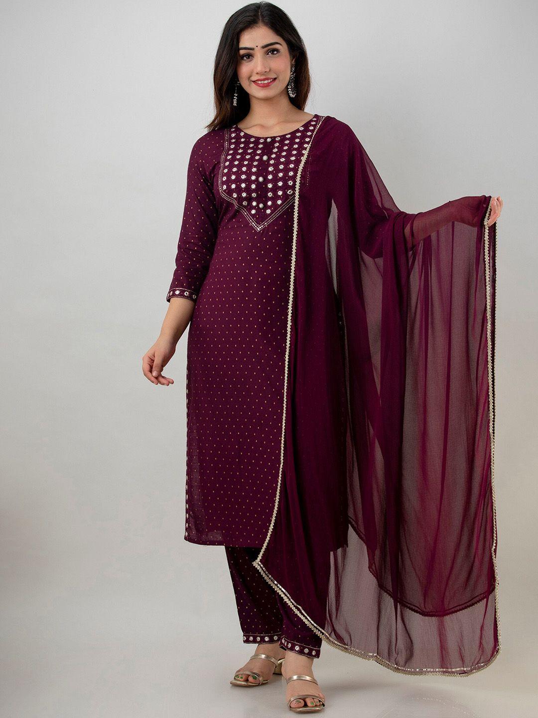 ckm women violet ethnic motifs pleated mirror work kurta &trousers with dupatta
