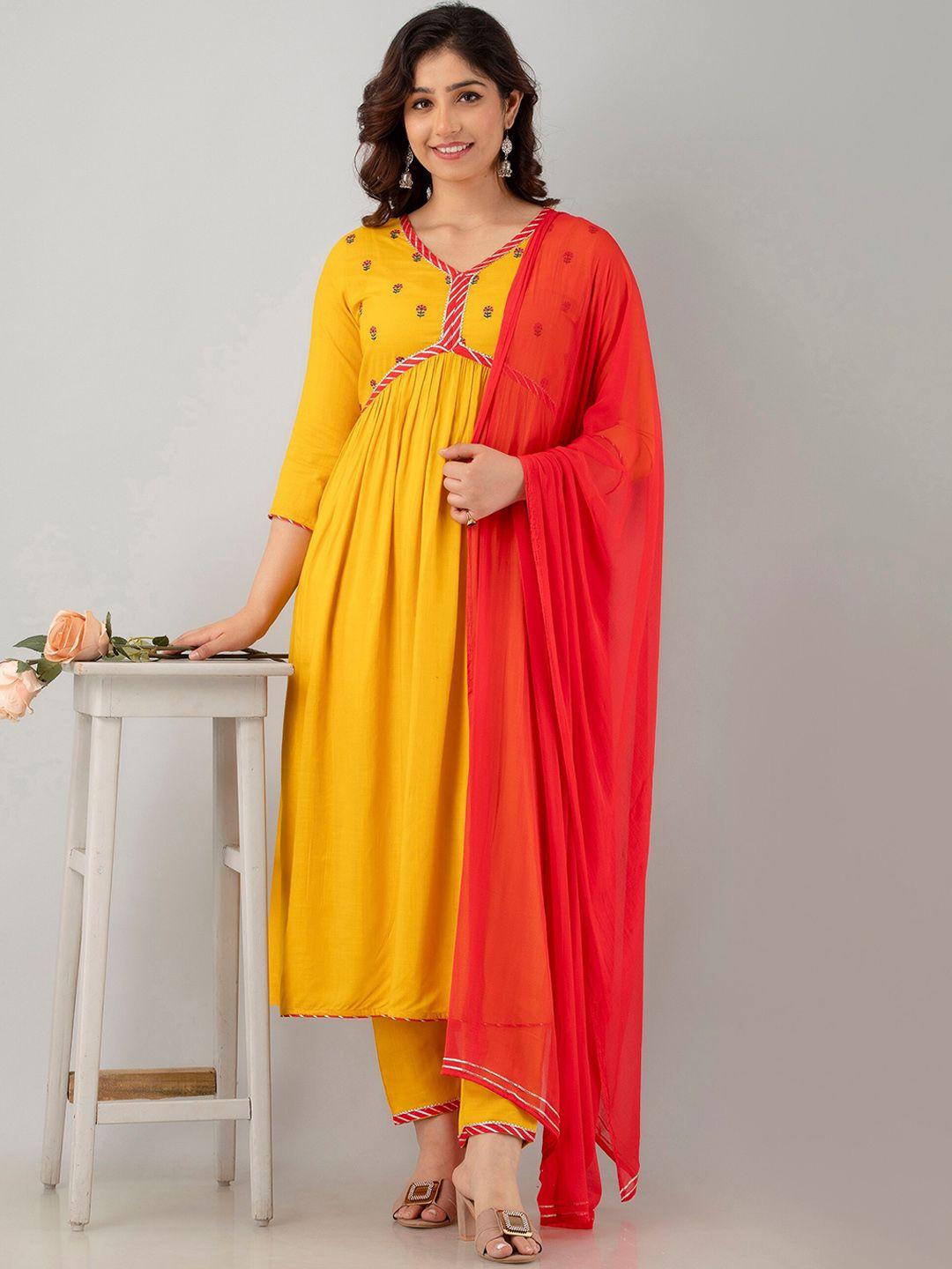 ckm embroidered high slit gotta patti kurta with trousers & with dupatta