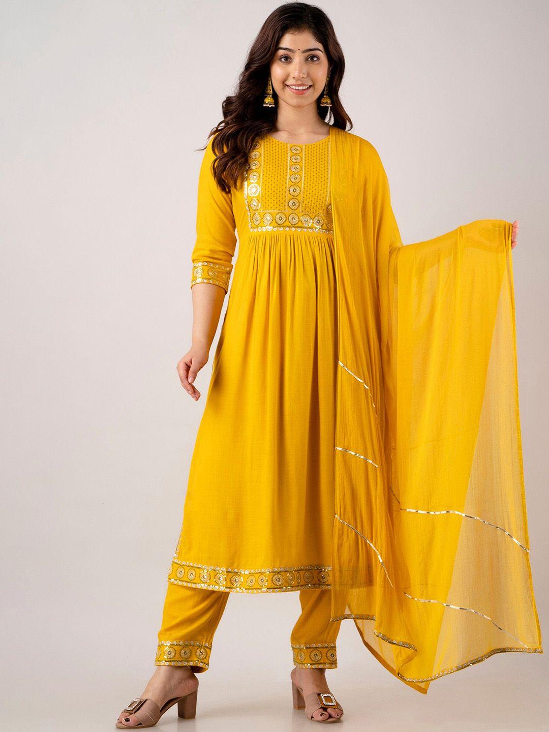 ckm embroidered high slit sequinned kurta with trousers & with dupatta