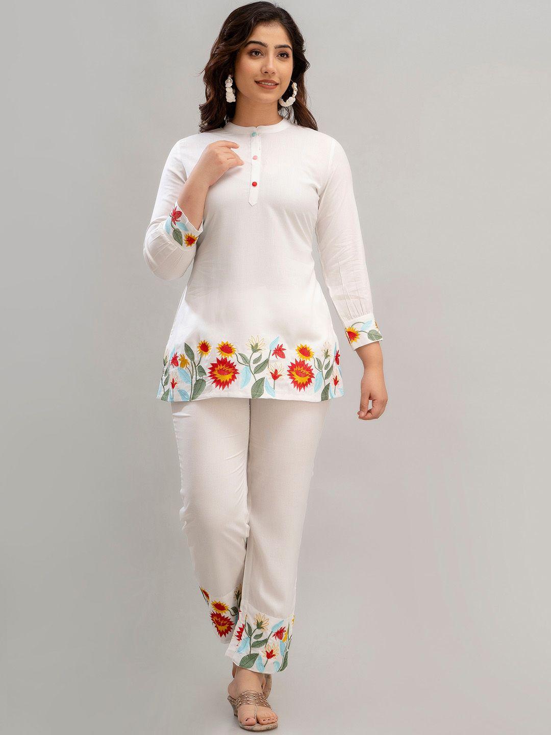 ckm embroidered mandarin collar top with trousers