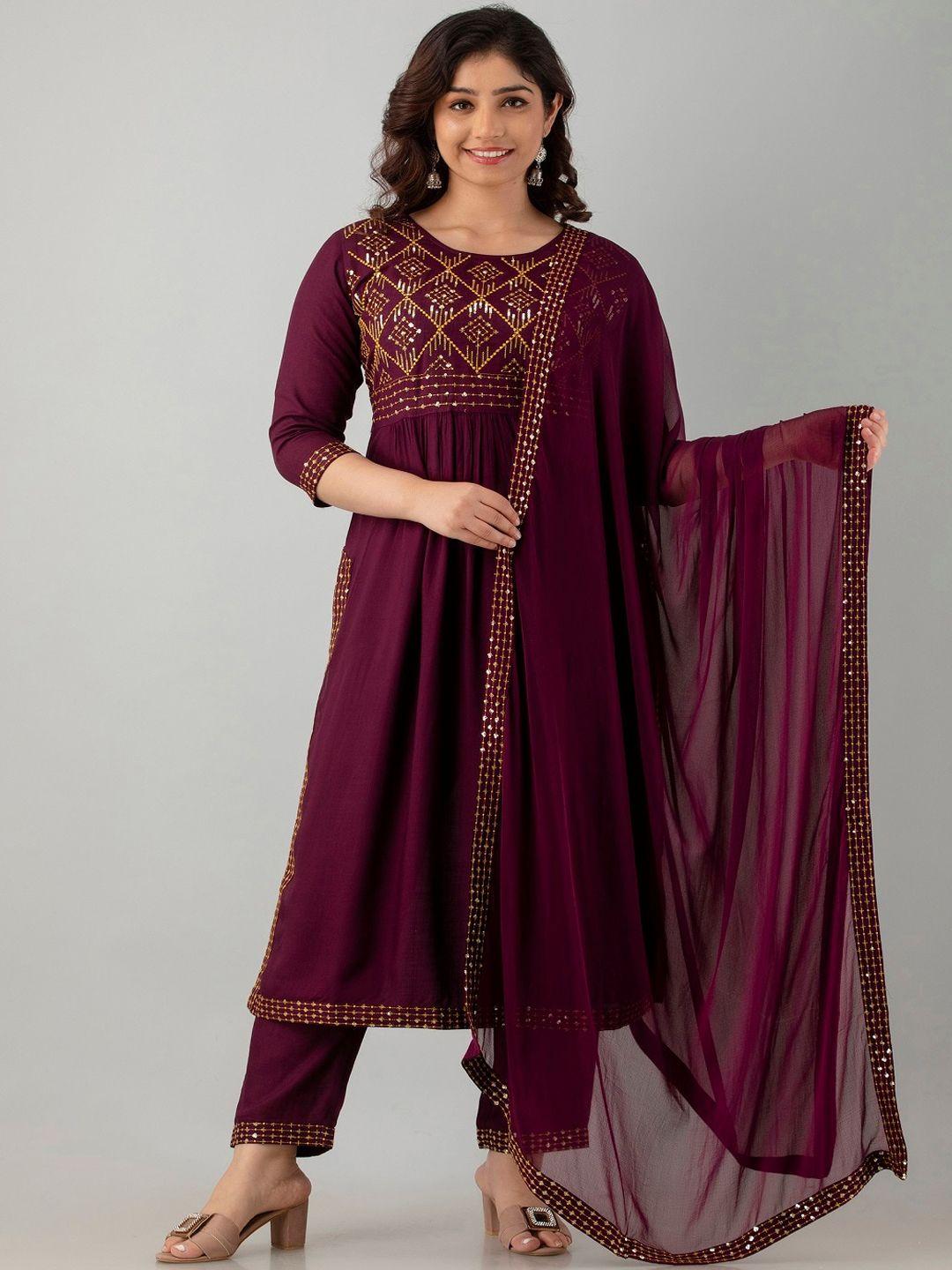 ckm embroidered regular sequinned kurta with trousers & dupatta