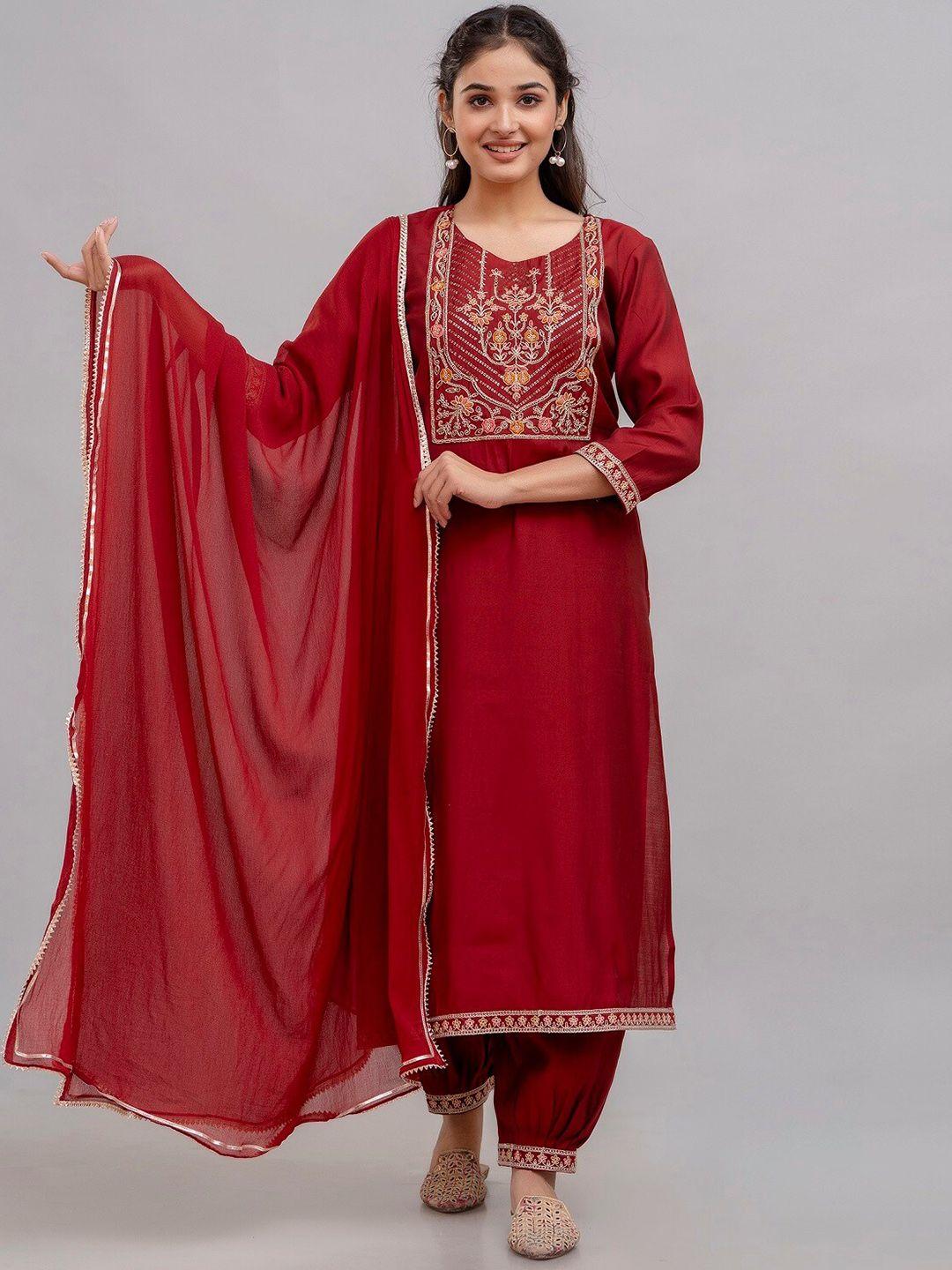 ckm ethnic motifs embroidered dupion silk kurta with harem pants & with dupatta