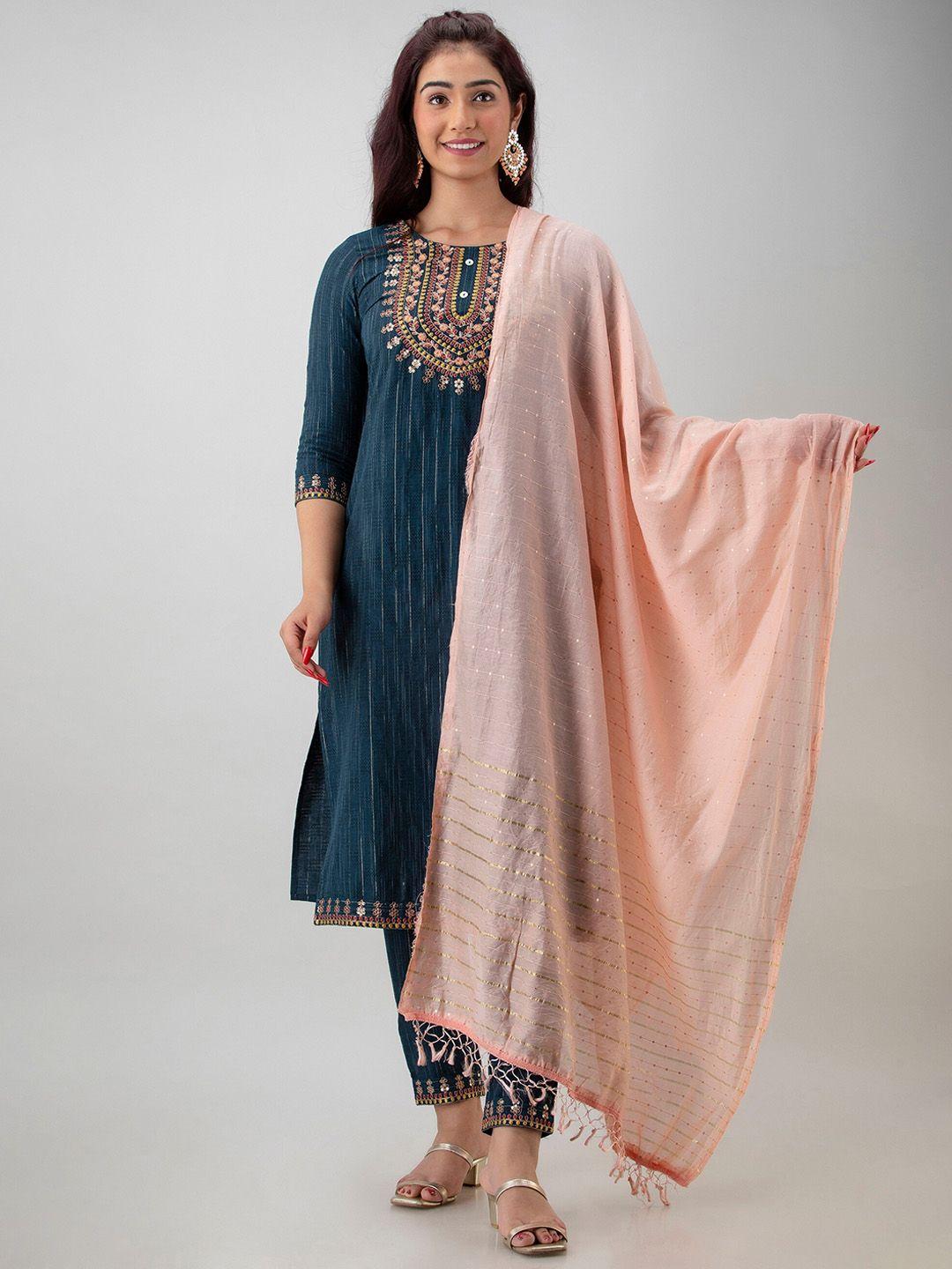 ckm ethnic motifs embroidered sequinned cotton kurta with trousers & with dupatta