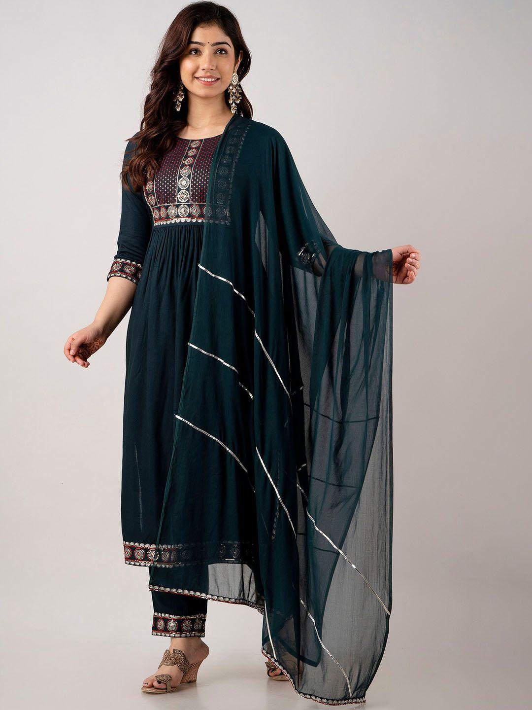 ckm ethnic motifs yoke design regular sequinned kurta with trousers & with dupatta