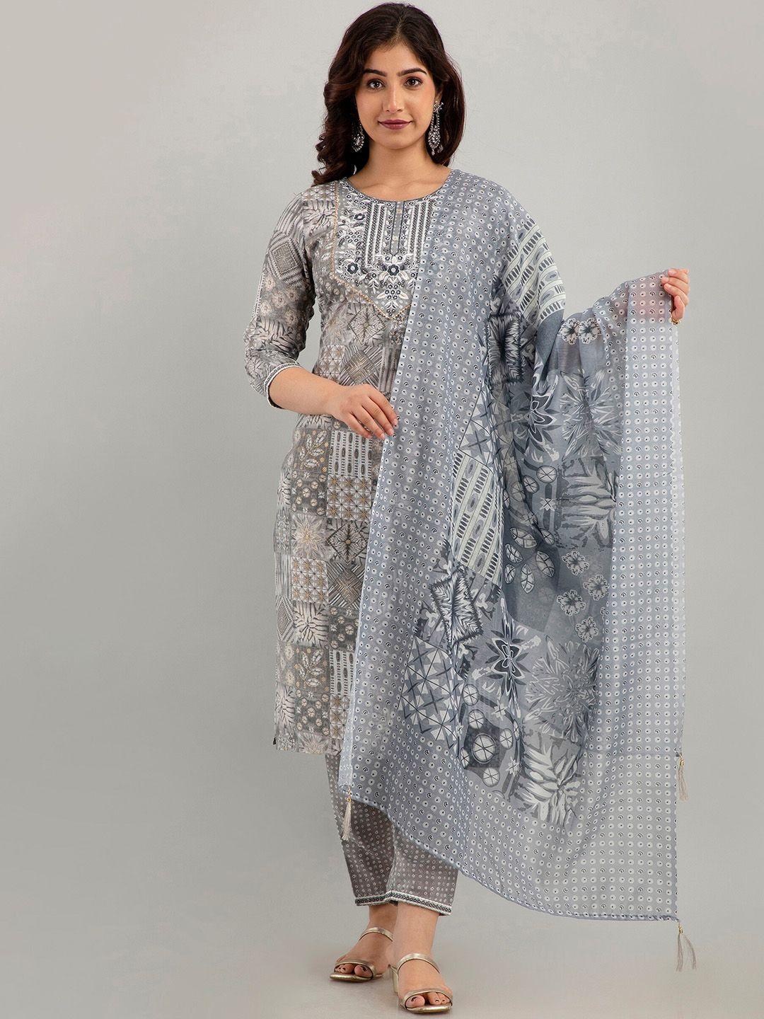 ckm floral embroidered regular thread work kurta with trousers & with dupatta