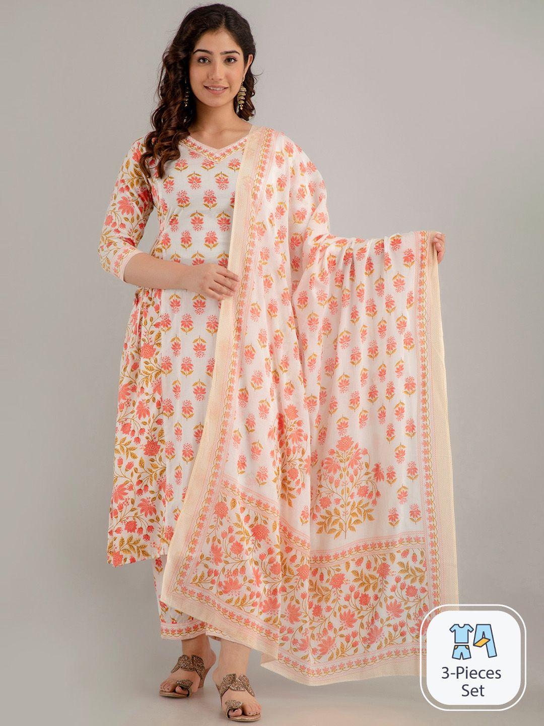 ckm floral printed mirror work pure cotton kurta with trousers & dupatta