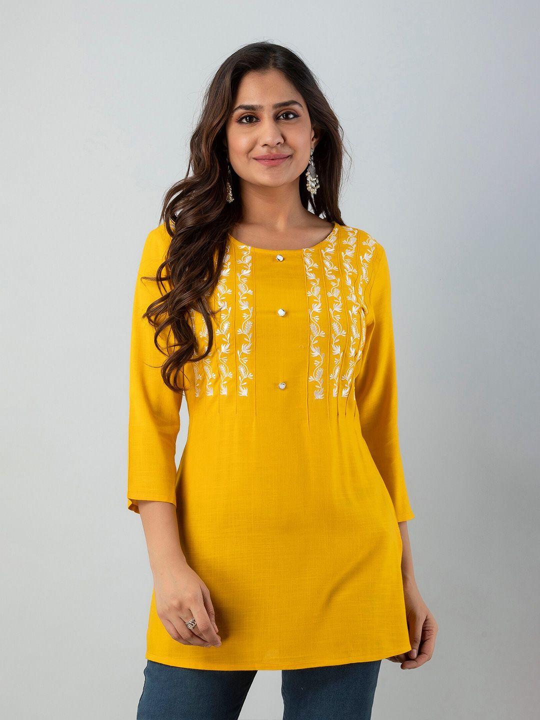 ckm mustard yellow & white floral embroidered longline top