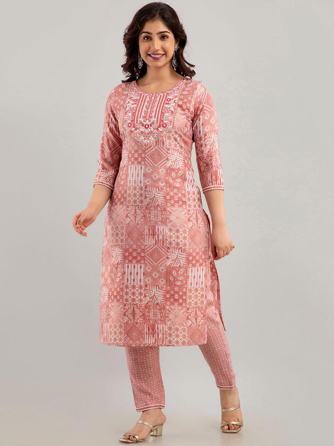 ckm printed regular thread work kurta with trousers & with dupatta