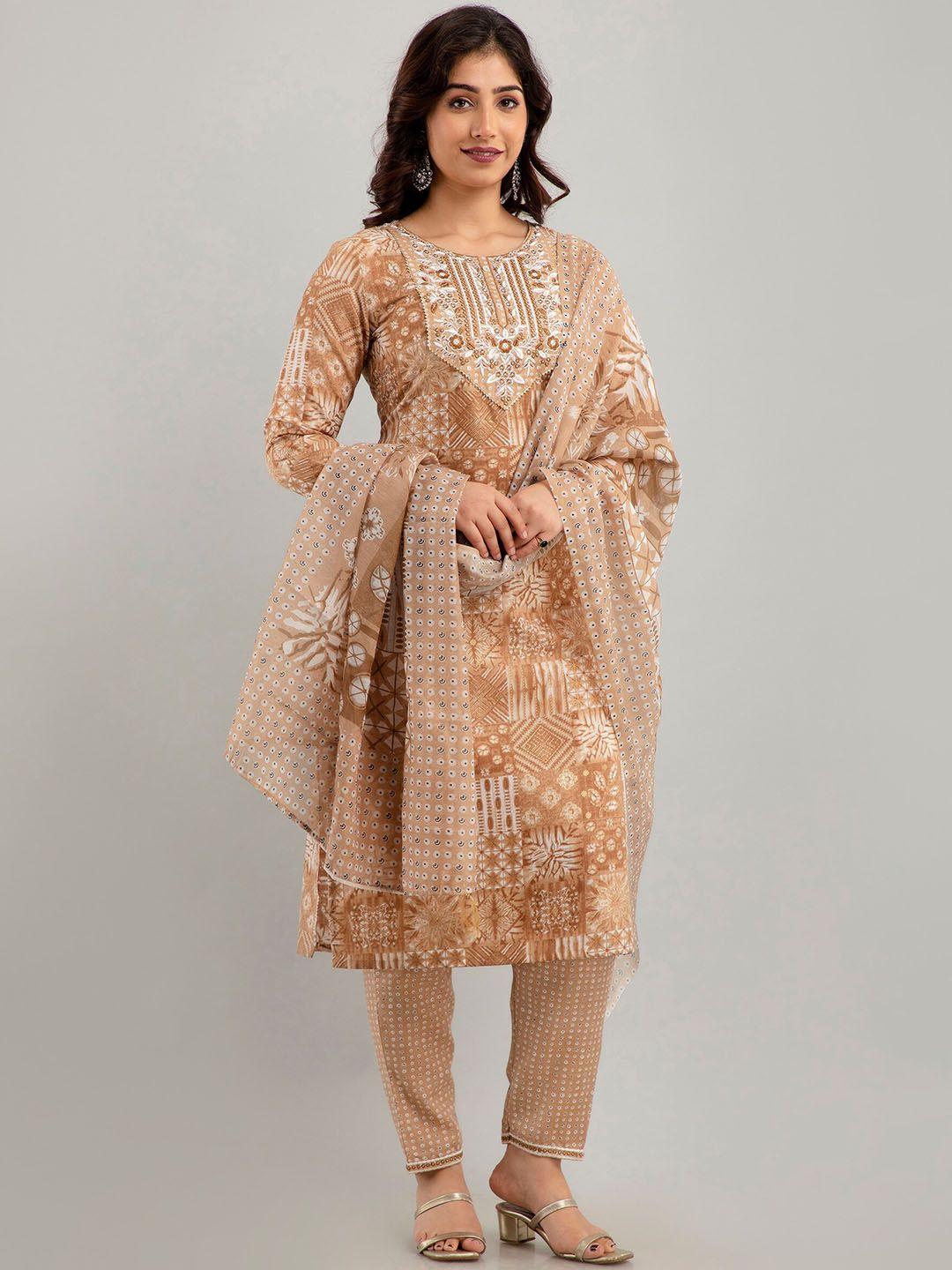 ckm printed regular thread work kurta with trousers & with dupatta