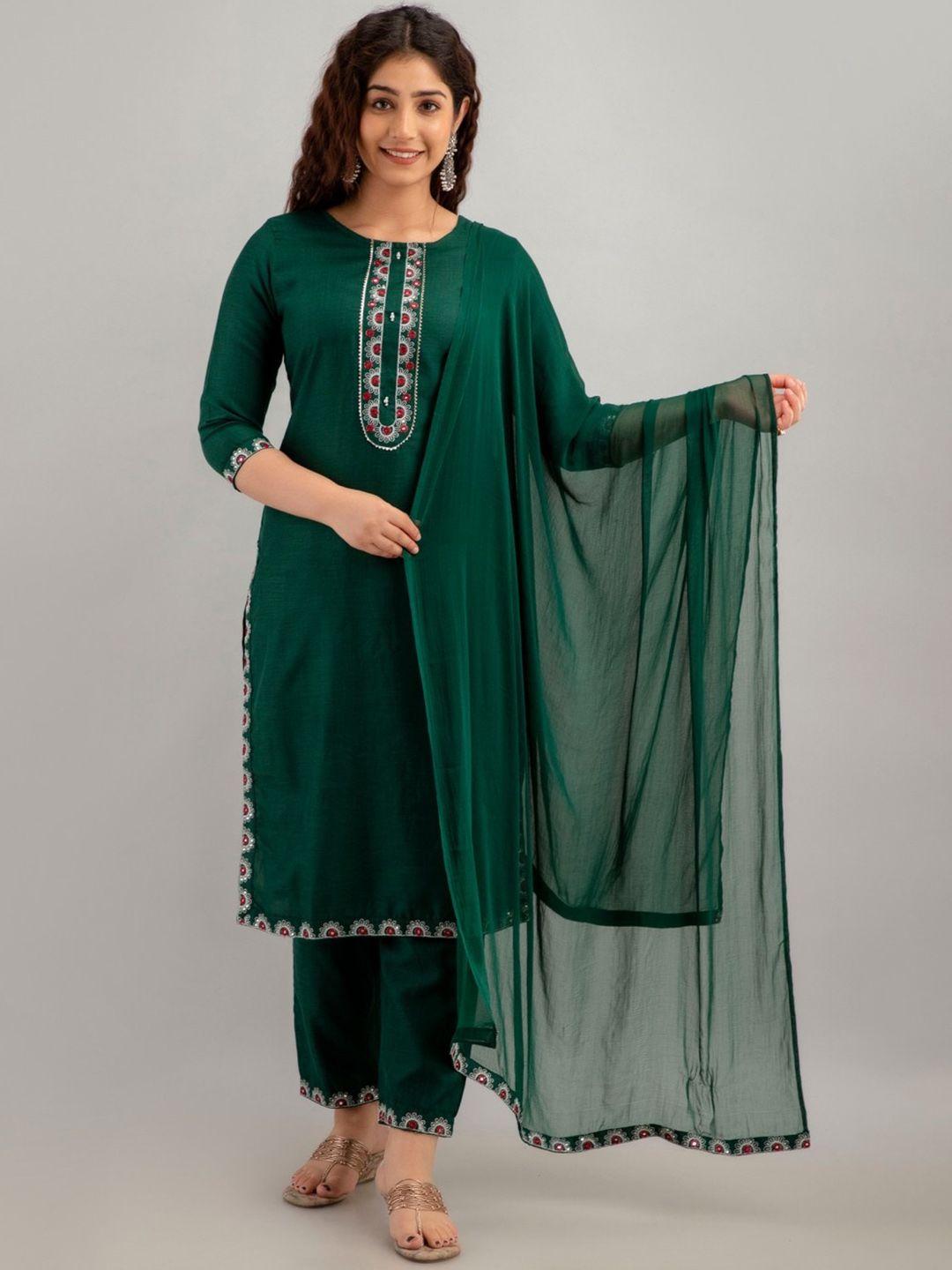 ckm round neck mirror work detailed straight kurta & trousers with dupatta