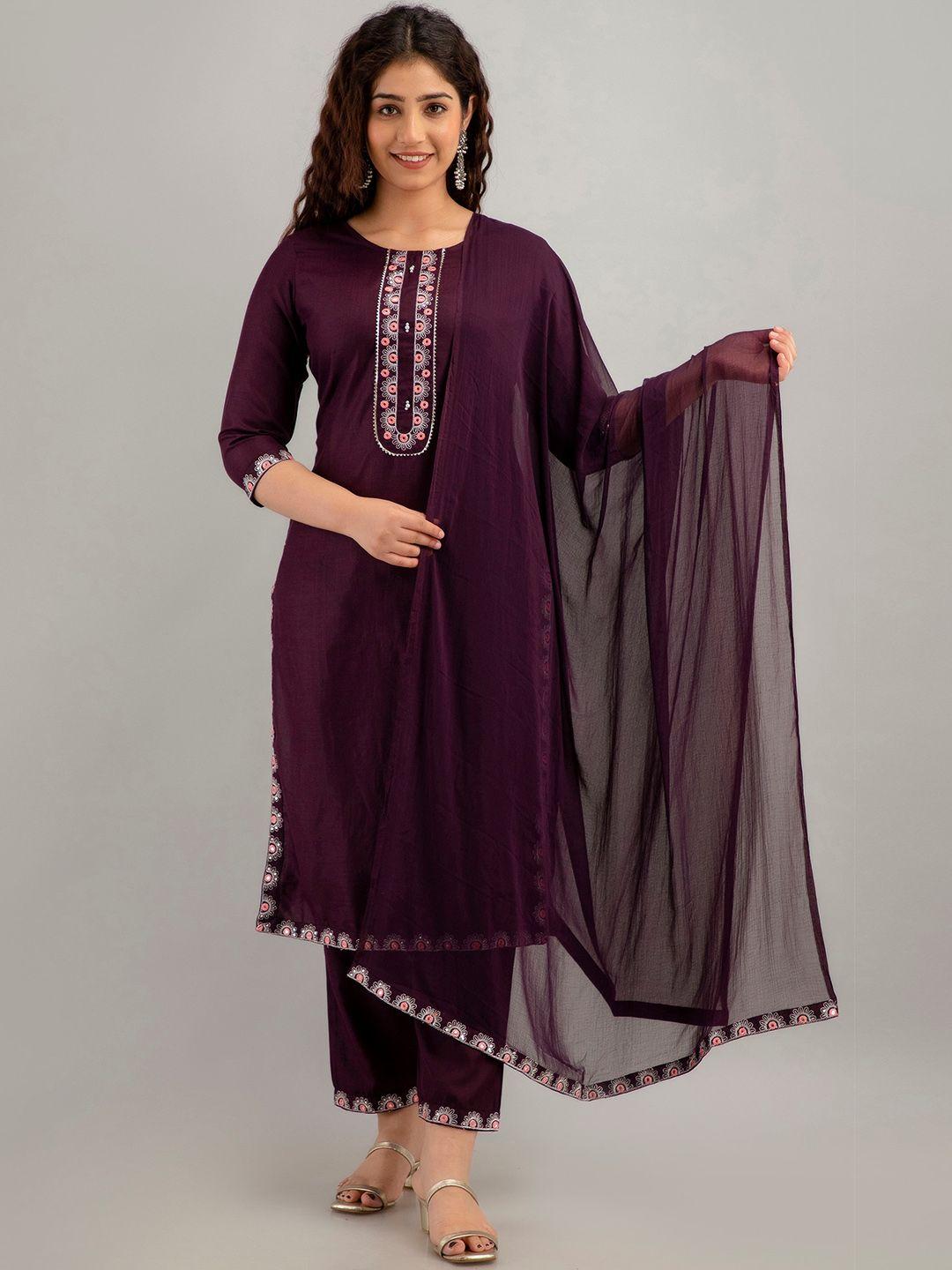 ckm round neck mirror work detailed straight kurta & trousers with dupatta