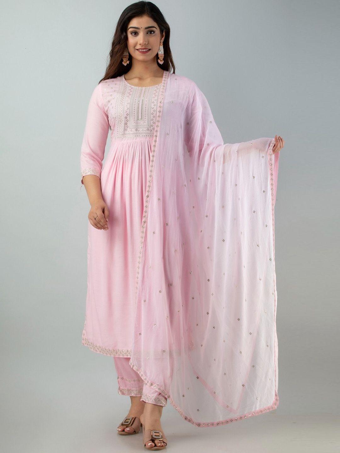 ckm sequinned detailed pleated a-line kurta & trousers with dupatta