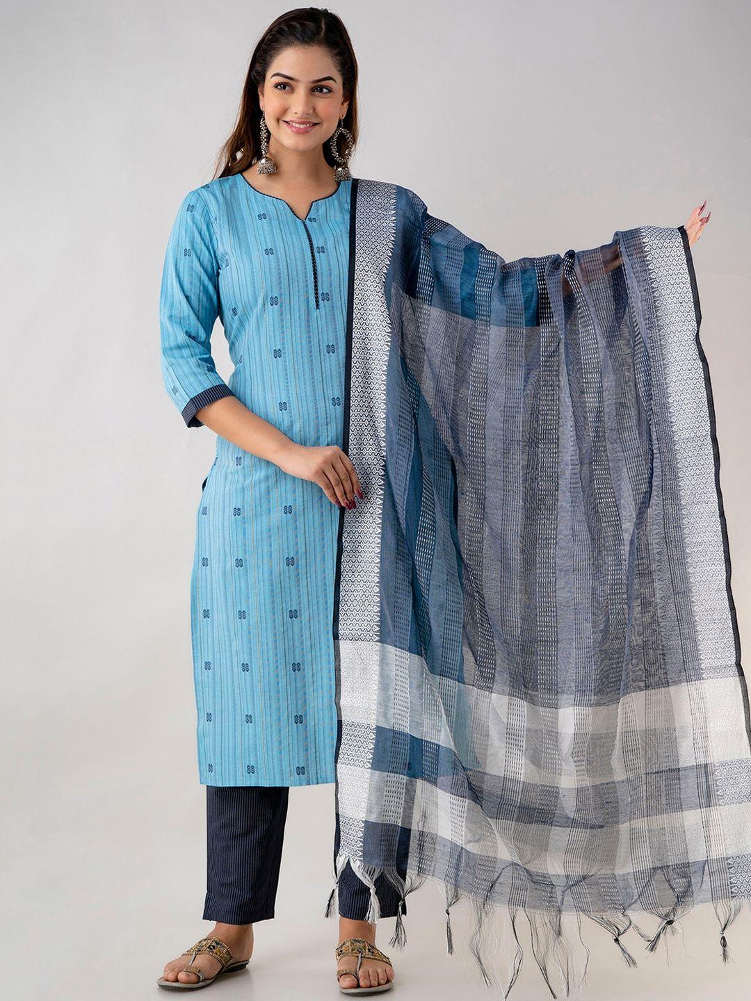 ckm women blue printed kurta with trouser & dupatta set