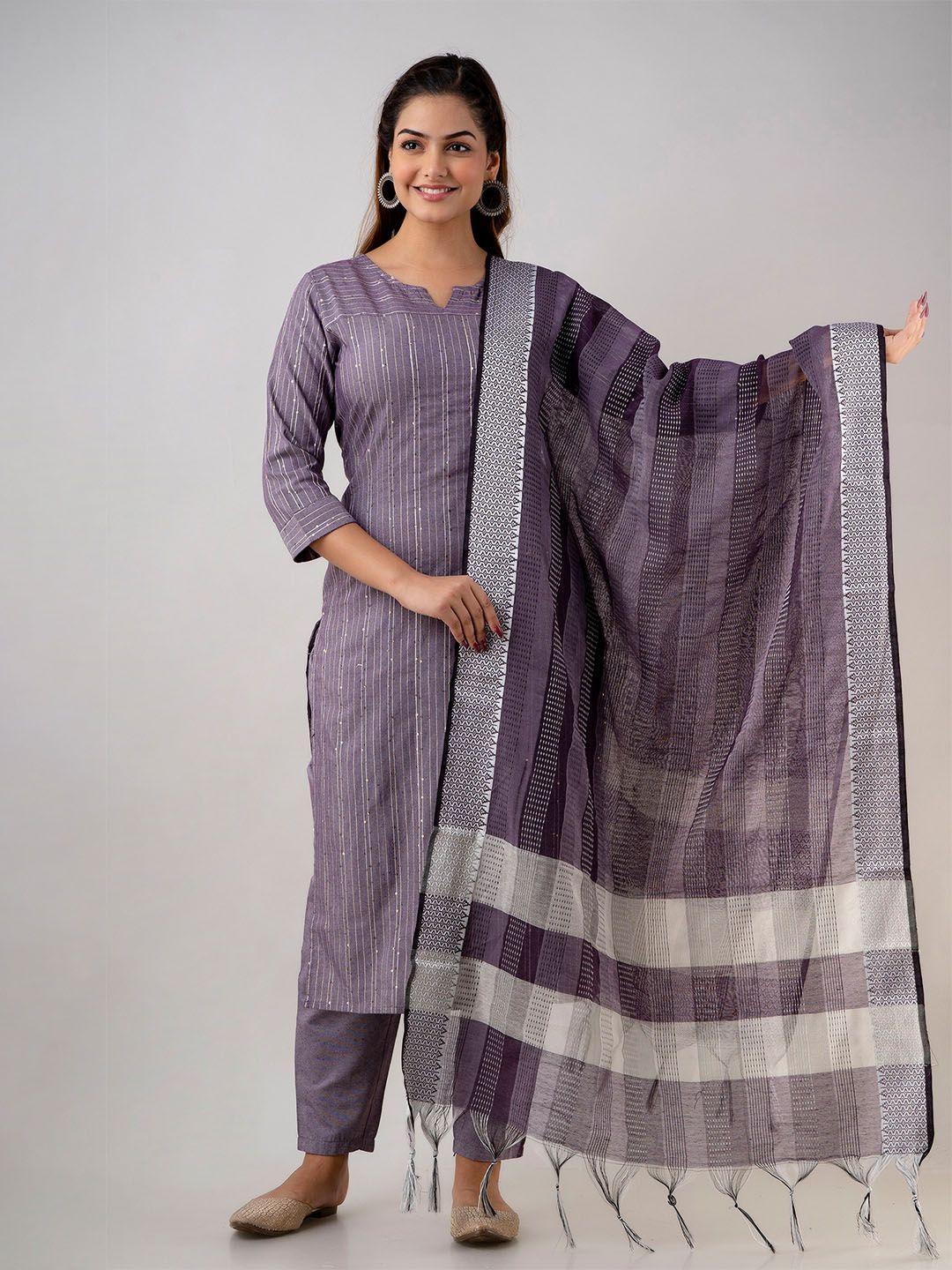 ckm women grey striped sequinned kurta with trouser & dupatta set