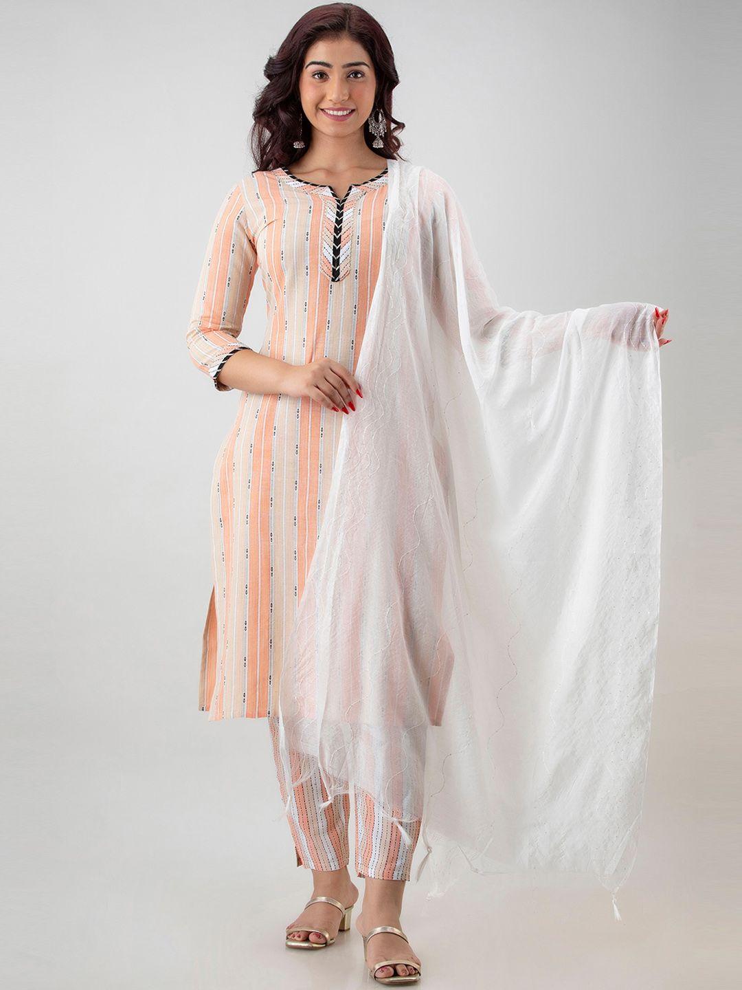 ckm women orange printed kurta with trousers & with dupatta