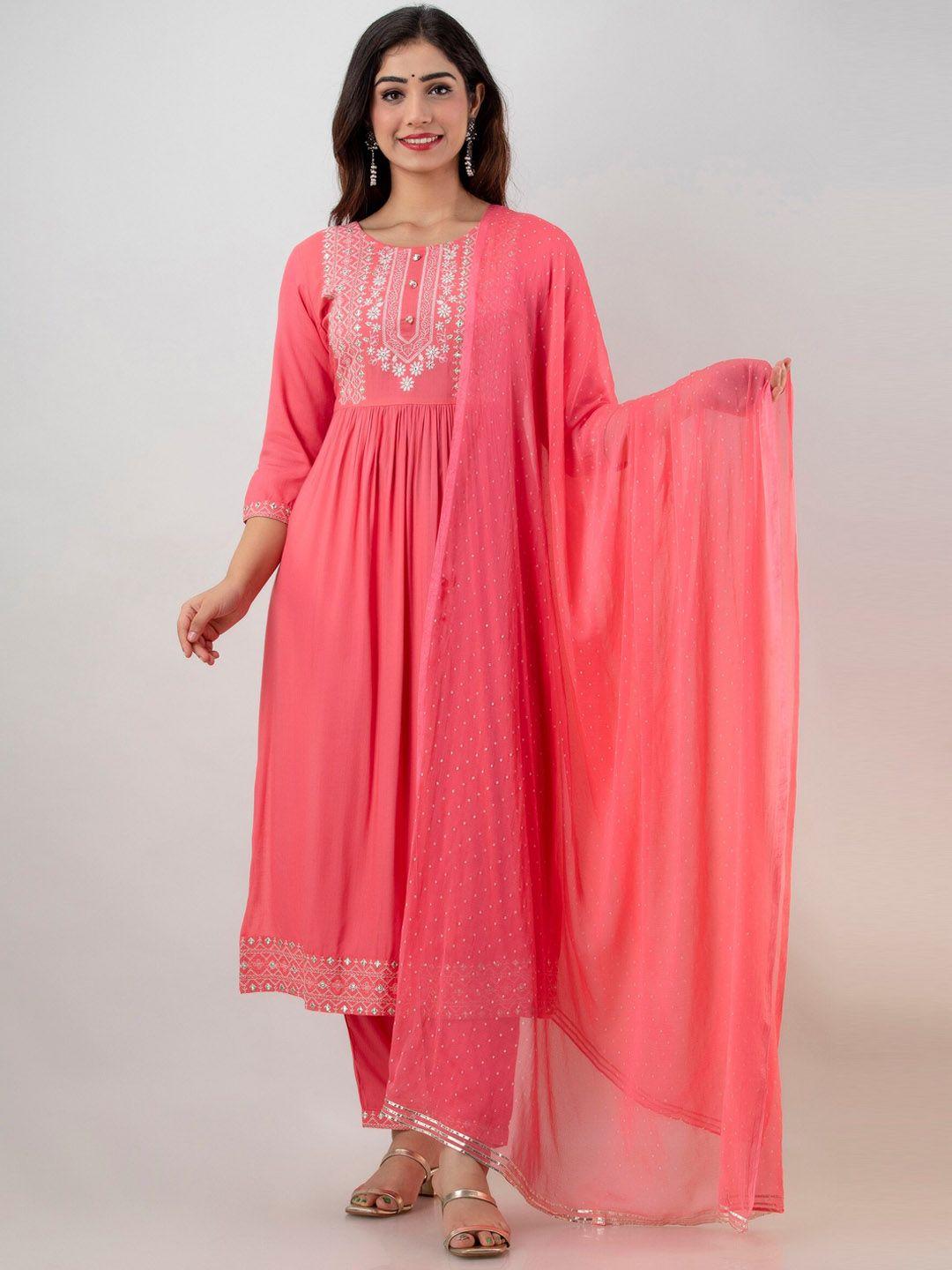 ckm women peach-coloured floral yoke design pleated mirror work kurta with palazzos & with dupatta