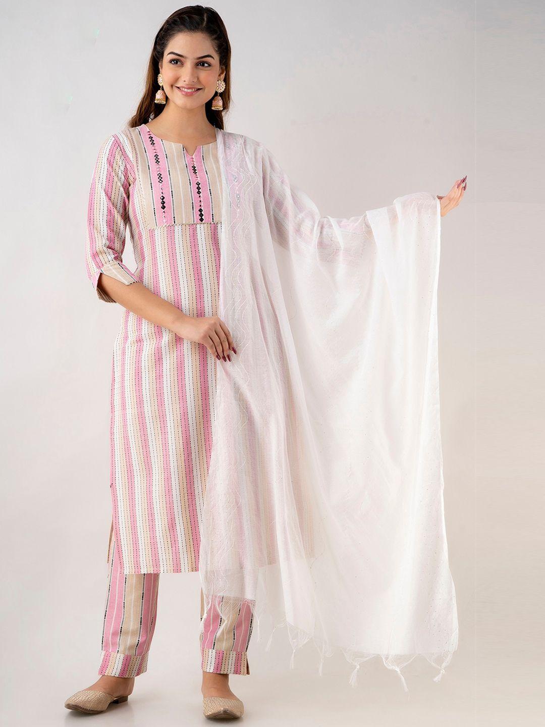 ckm women pink & white striped mirror work kurta with trouser & dupatta set