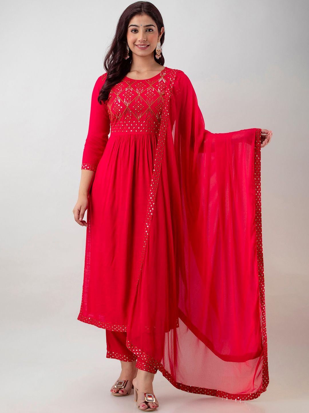 ckm women pink empire sequinned kurta with trousers & with dupatta