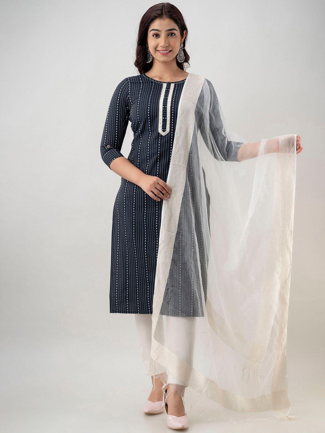 ckm women striped kurta with trousers & with dupatta