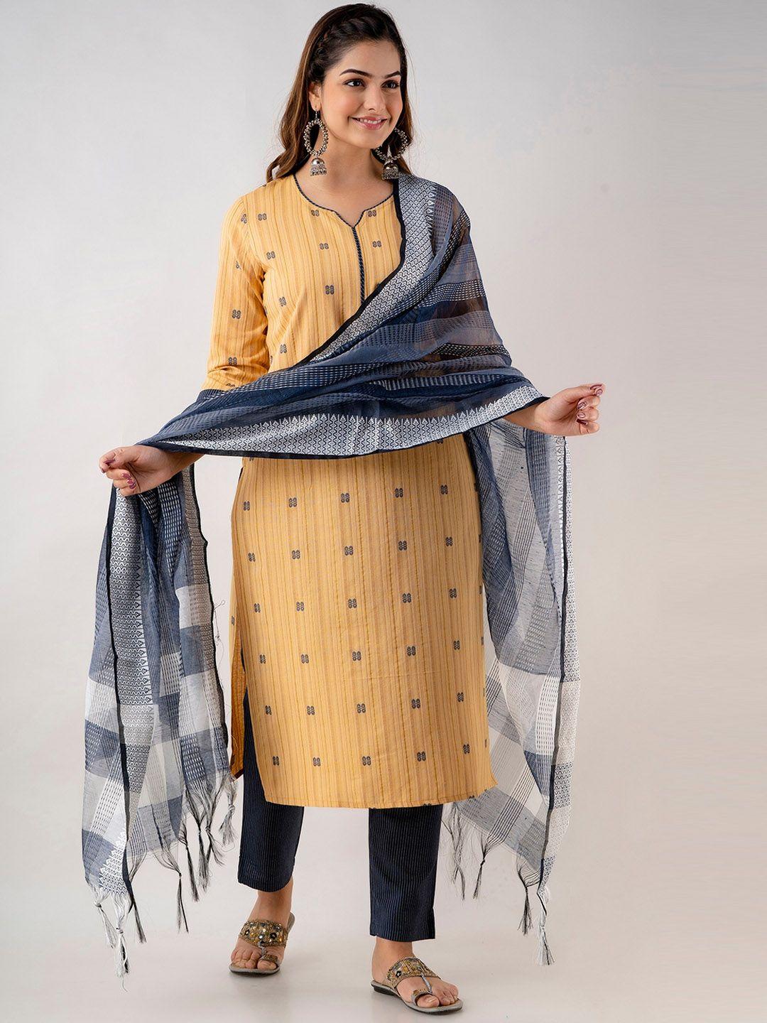 ckm women yellow & blue striped kurta with trouser & dupatta set