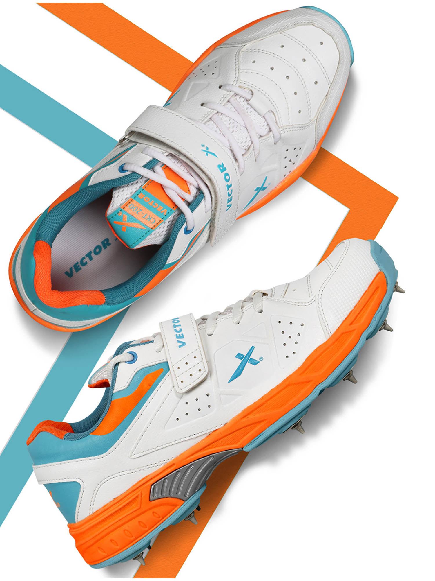 ckt-200 full spike cricket shoes white, blue & orange