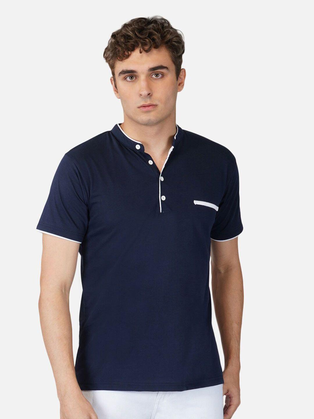 clafoutis men navy blue solid  mandarin collar cotton t-shirt