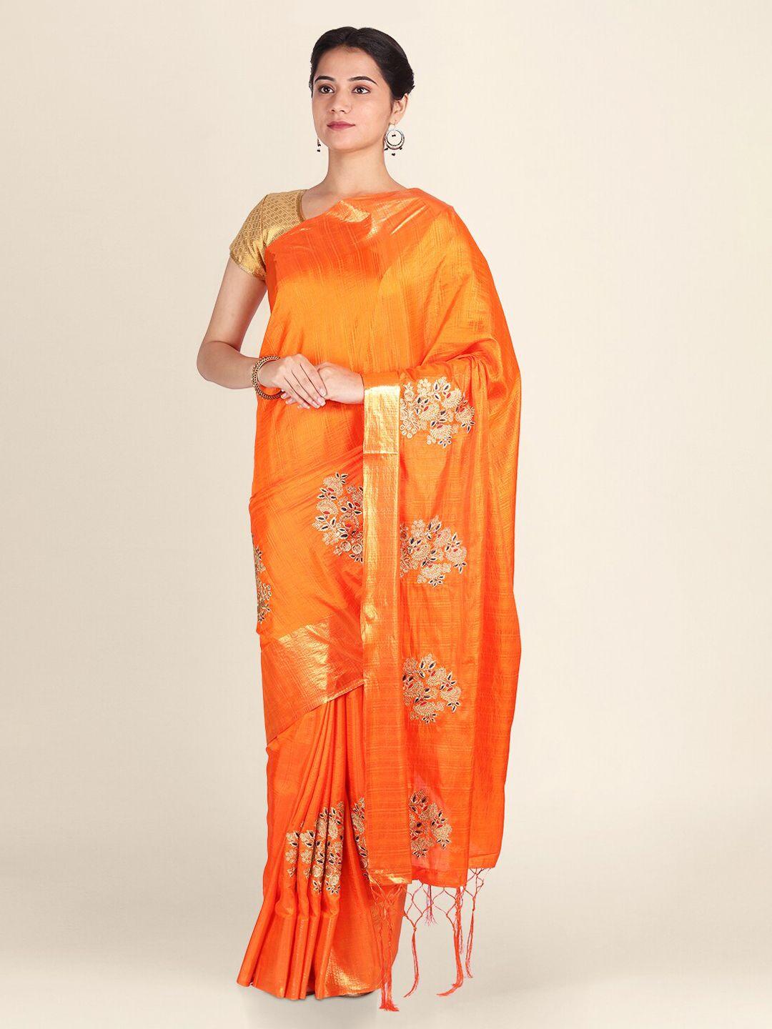 clai world orange & gold-toned silk blend printed saree