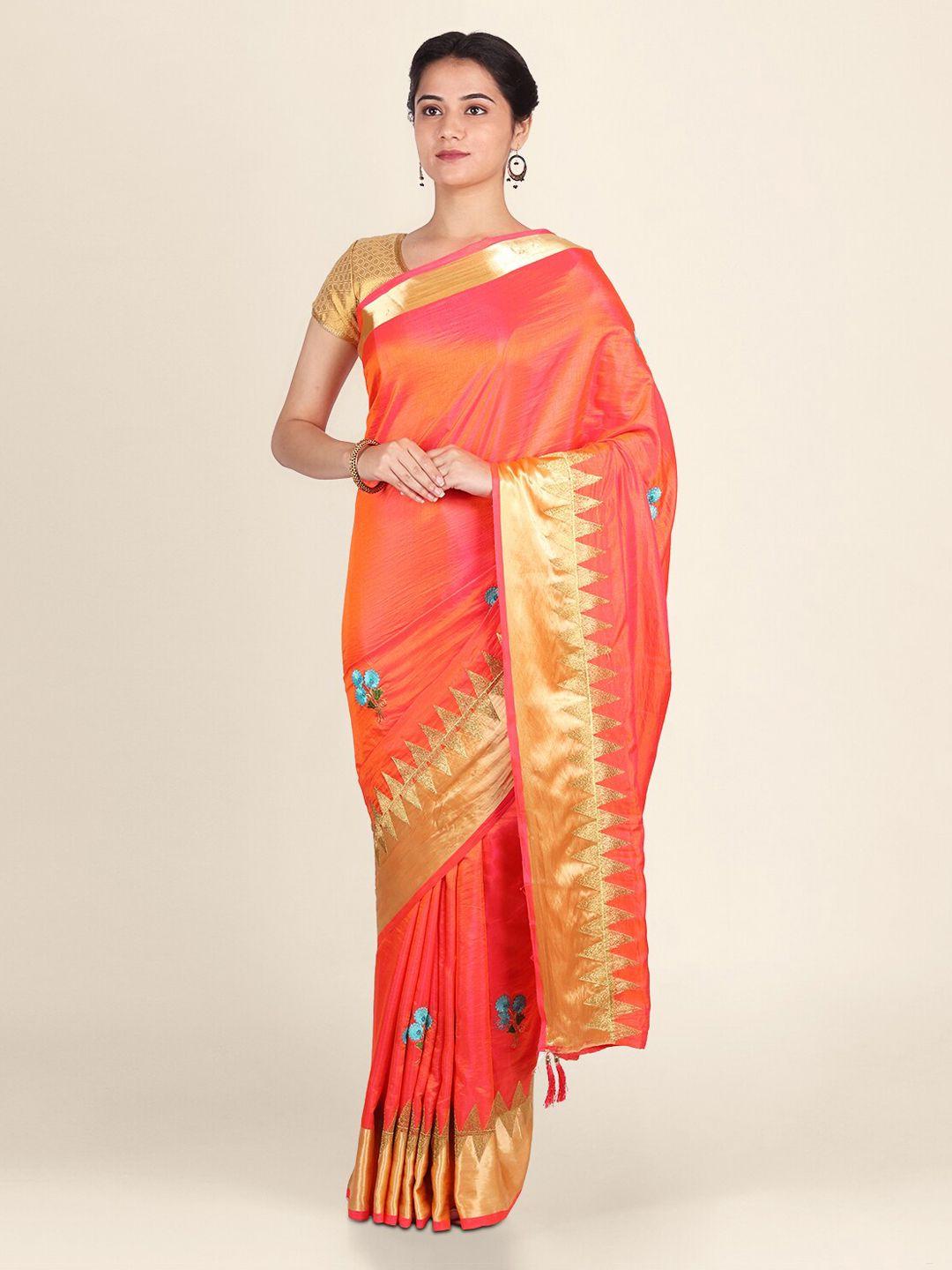 clai world orange & gold-toned silk blend embroidered saree