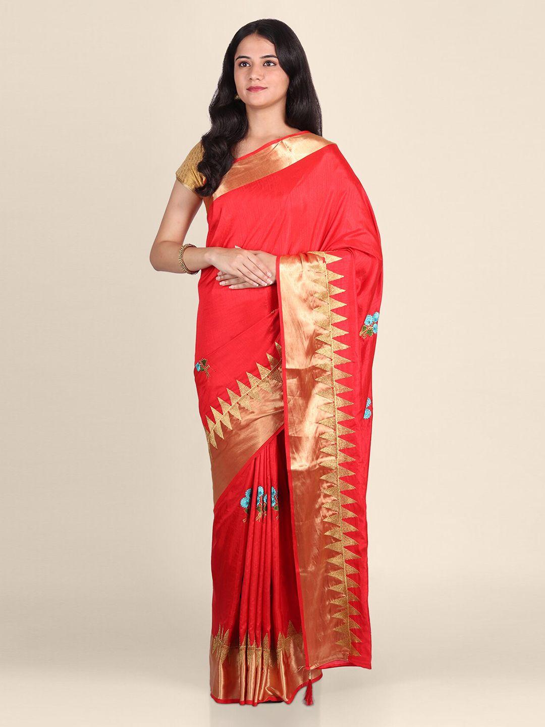 clai world red & blue silk blend floral embroidered handloom saree