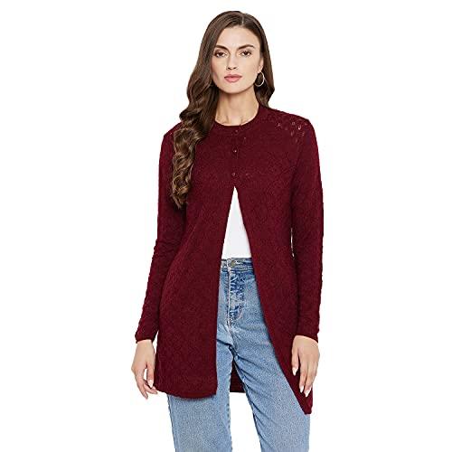 clapton amazing maroon stylish winterwear sweaters with cardigans for women fullsleeve longline round neck with button acrylic woolen soft wool blend solid shurg/outer