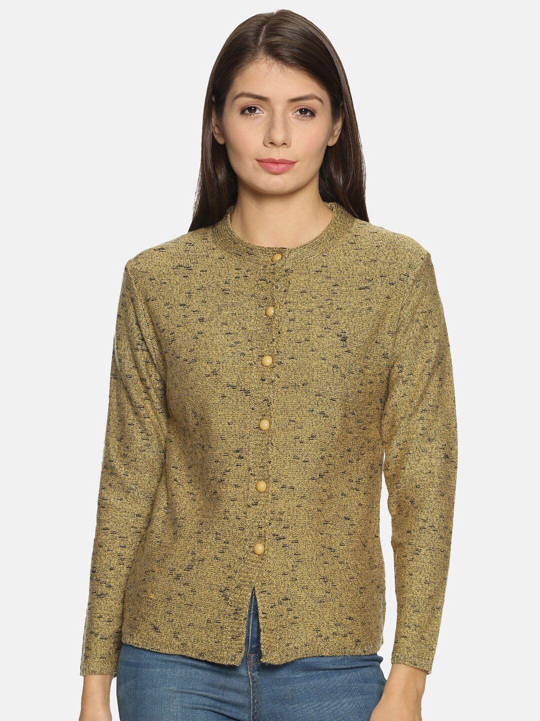 clapton women gold-toned & blue printed woollen cardigan with applique detail